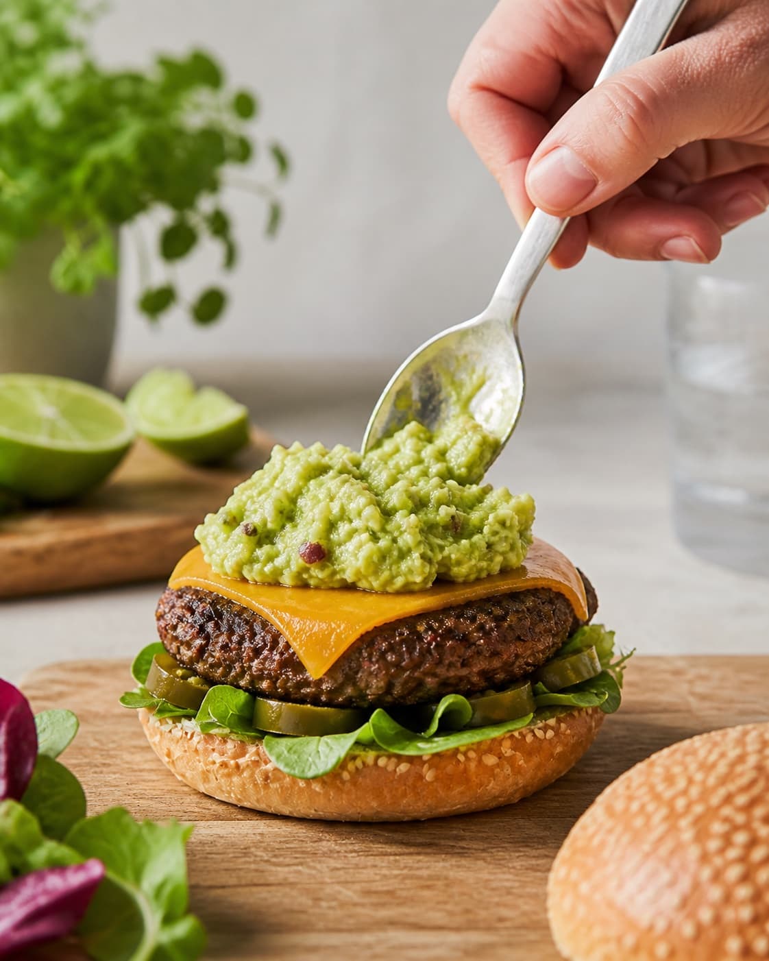 Toasted burger buns layered with guacamole cheddar beef tomato onion and jalapenos under tilberedningen af mexicansk burger med guacamole