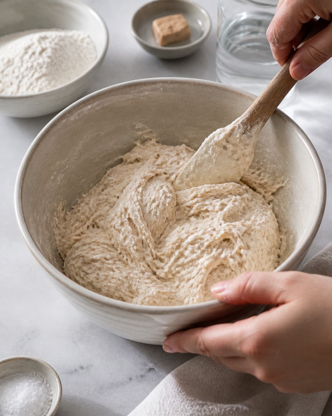 Wet shaggy wheat dough mixed from flour water yeast salt and olive oil under tilberedningen af grydebrød