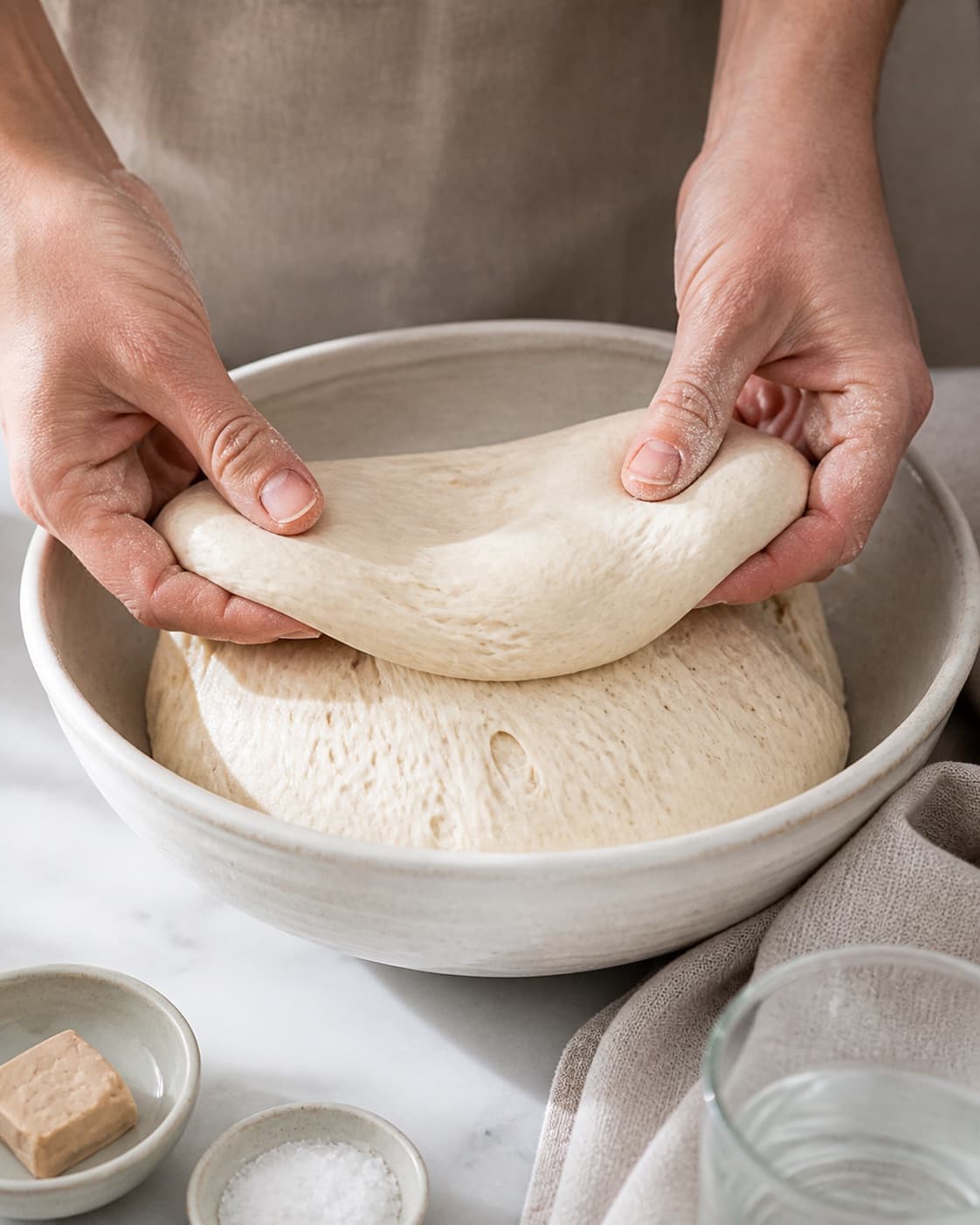 Hands stretching and folding wet dough until elastic and smooth in a bowl under tilberedningen af grydebrød