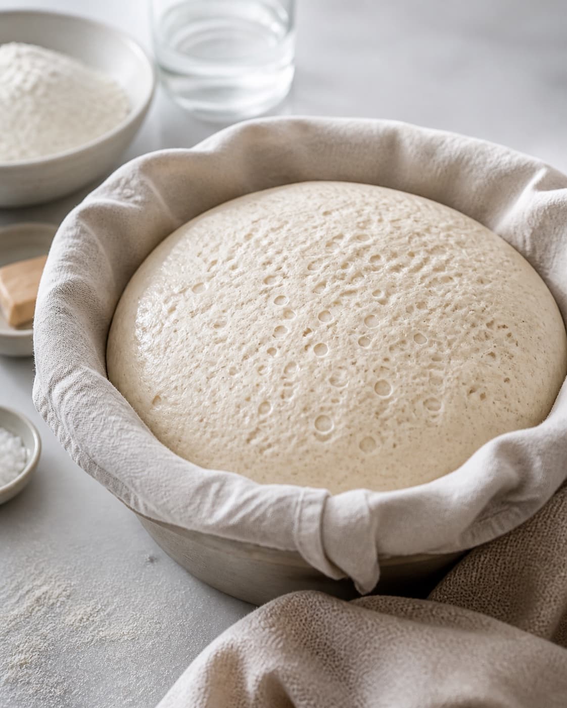 Airy fermented dough with visible bubbles after a long covered proof under tilberedningen af grydebrød