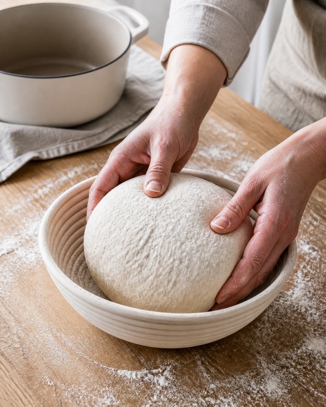 One round airy boule being shaped gently before baking in a Dutch oven under tilberedningen af grydebrød