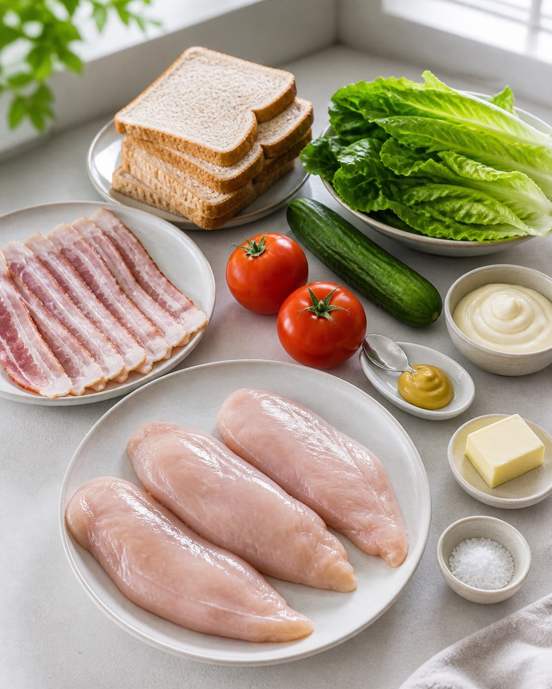 Even chicken breasts beside bacon toast tomato romaine mayonnaise Dijon cucumber butter and salt under tilberedningen af clubsandwich med mørt kyllingekød og bacon