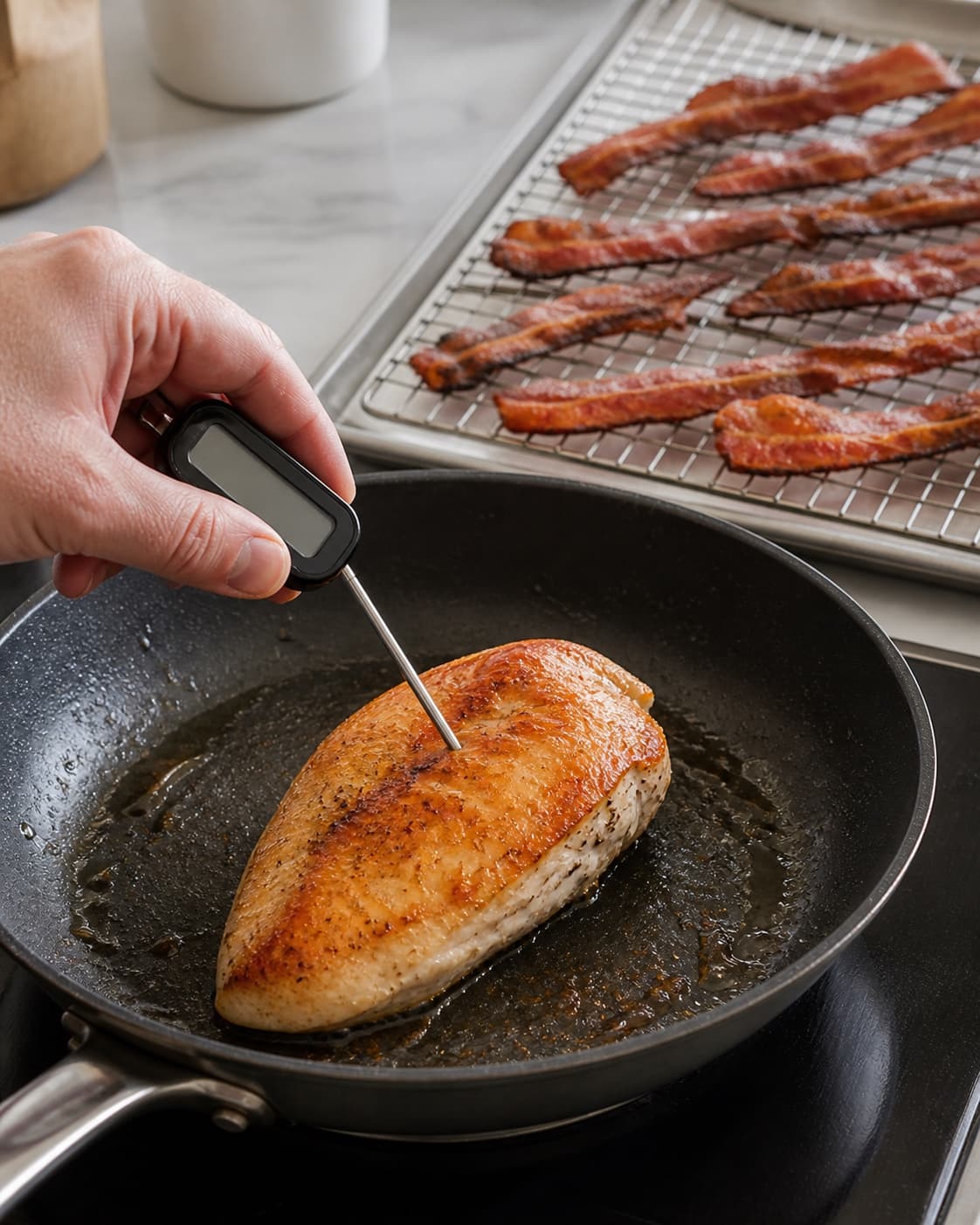 Golden chicken breast reaching 75 degrees beside crisp bacon resting on a rack under tilberedningen af clubsandwich med mørt kyllingekød og bacon