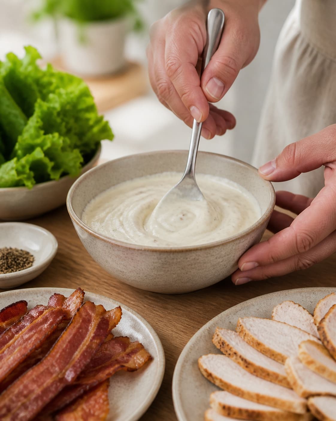 Dijon mayonnaise mixed smooth beside evenly golden butter toasted bread under tilberedningen af clubsandwich med mørt kyllingekød og bacon