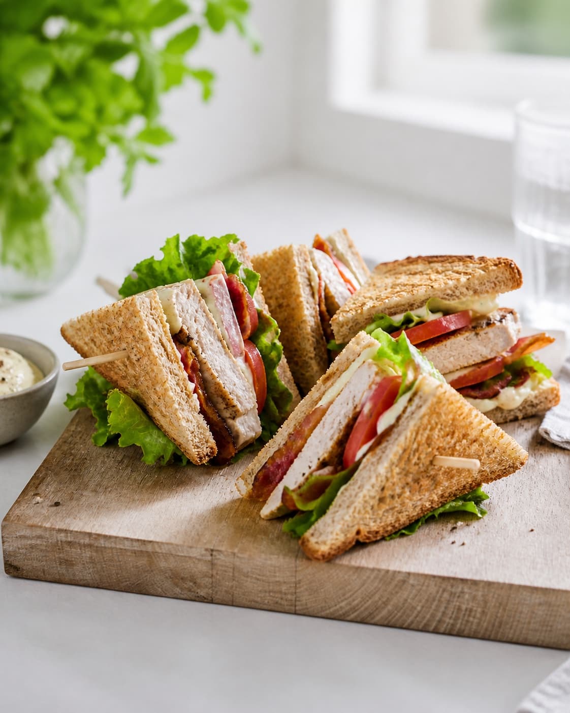 Finished club sandwiches cut diagonally into clean layered triangles under tilberedningen af clubsandwich med mørt kyllingekød og bacon