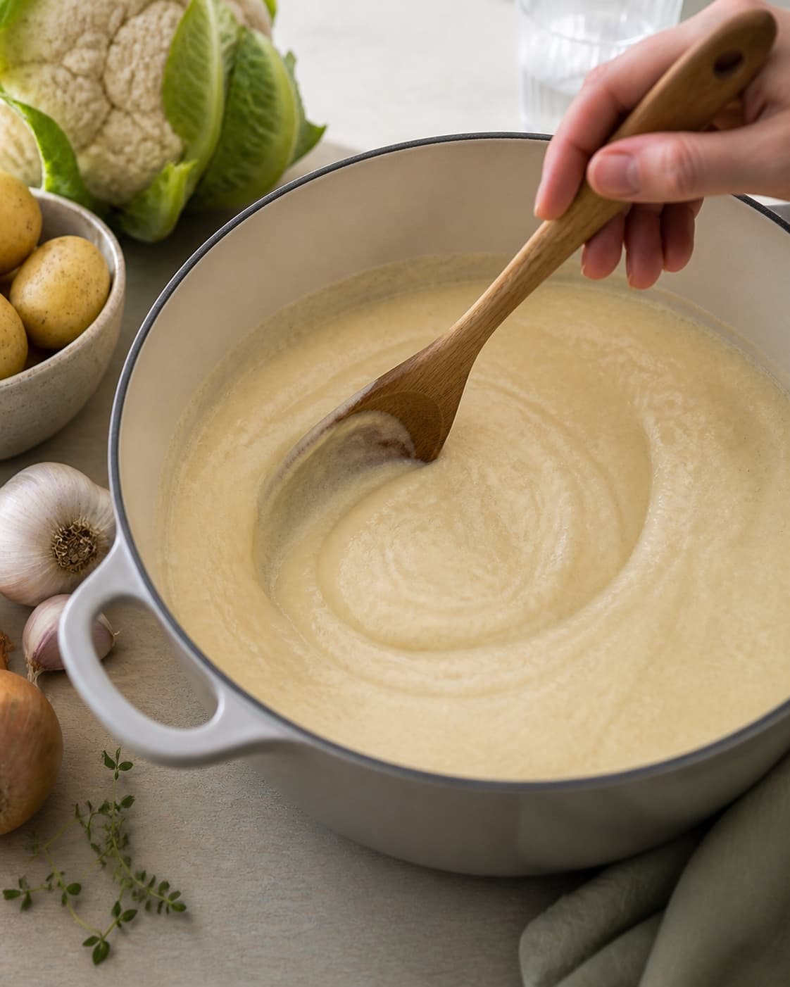 Silky cauliflower soup being enriched with cream and freshly grated nutmeg under tilberedningen af blomkålssuppe