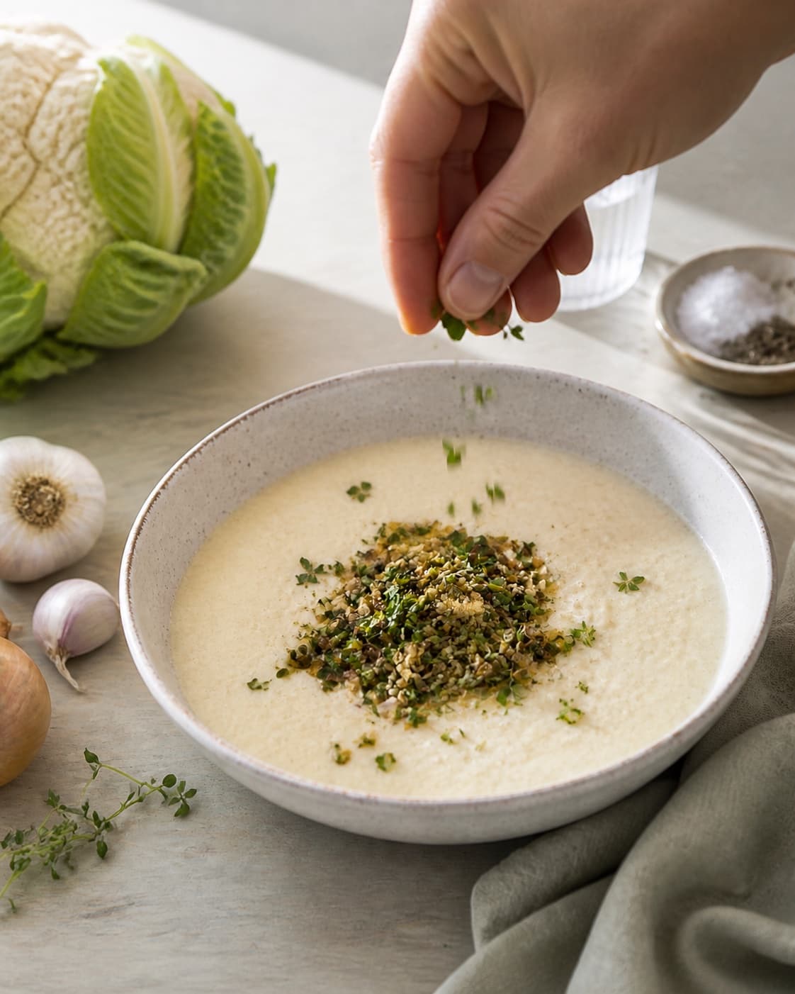 Pale creamy cauliflower soup finished with fresh green chives under tilberedningen af blomkålssuppe
