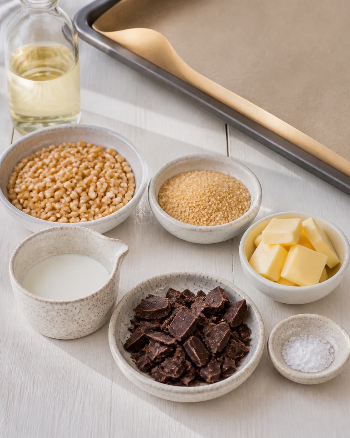 Popcorn kernels oil sugar butter cream dark chocolate and sea salt measured beside a lined tray under tilberedningen af chokolade og karamel popcorn
