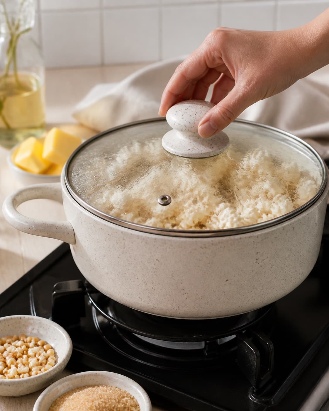 Fresh popcorn popping evenly in a covered pot before unpopped kernels are removed under tilberedningen af chokolade og karamel popcorn