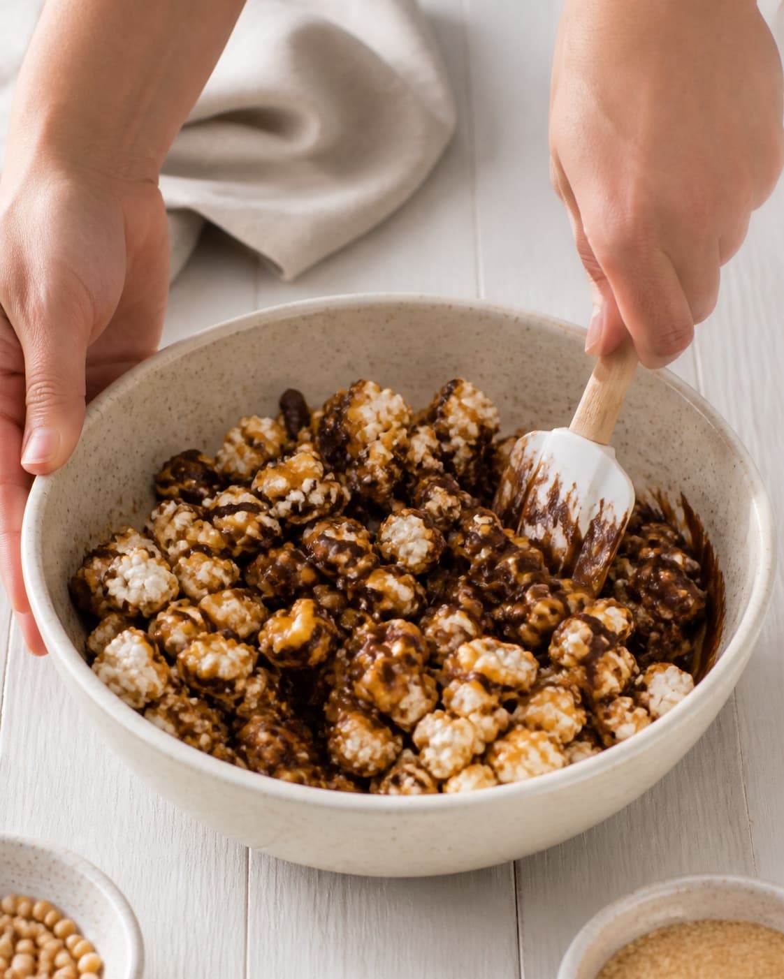 Popcorn being folded quickly through a thin amber caramel coating without crushing under tilberedningen af chokolade og karamel popcorn