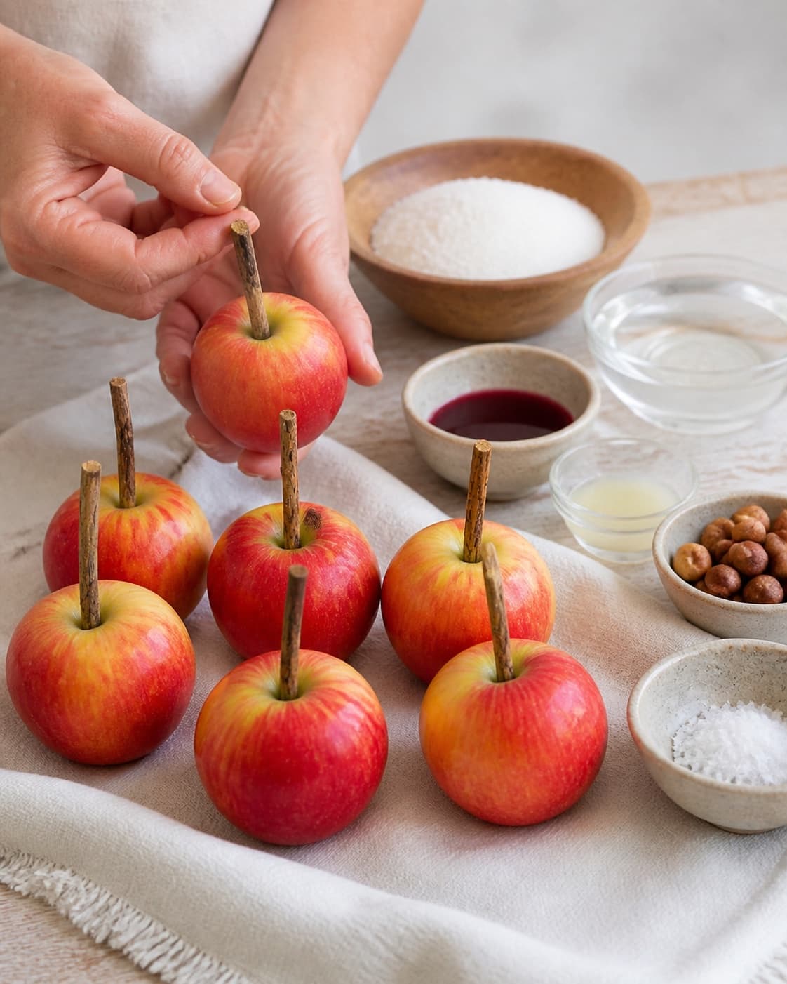 Dry crisp apples on sturdy sticks beside sugar glucose water beet juice lemon hazelnuts and salt under tilberedningen af kandiserede æbler