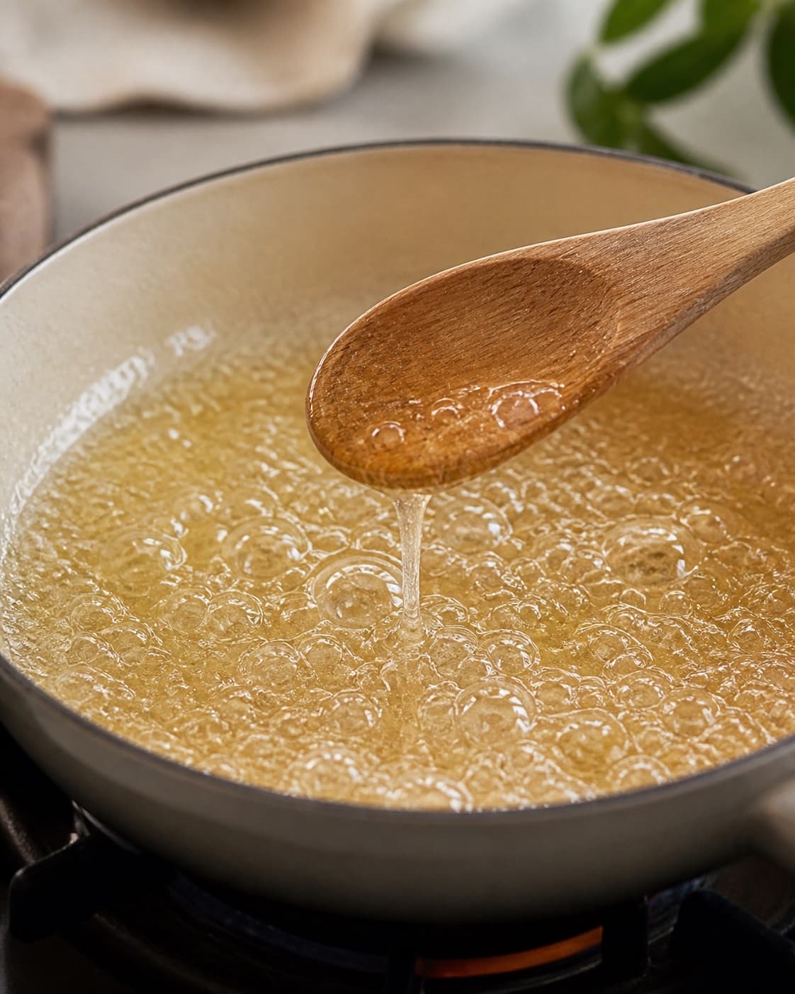 Ruby sugar syrup boiling to 150 degrees with a clean crystal free rim under tilberedningen af kandiserede æbler
