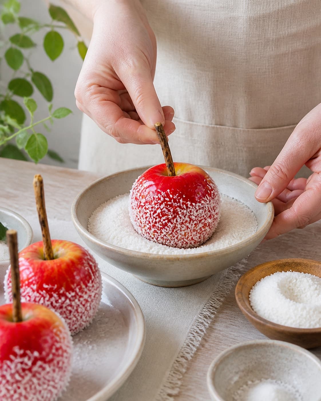 A dry apple being dipped once into a thin glossy red hard crack sugar coating under tilberedningen af kandiserede æbler