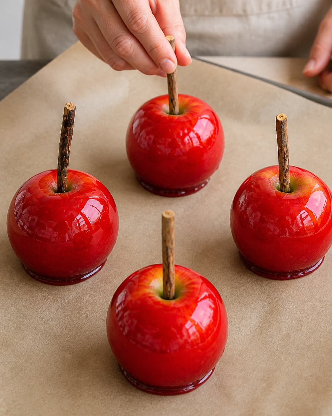 Finished red candy apples setting apart on baking paper with glossy hard shells under tilberedningen af kandiserede æbler