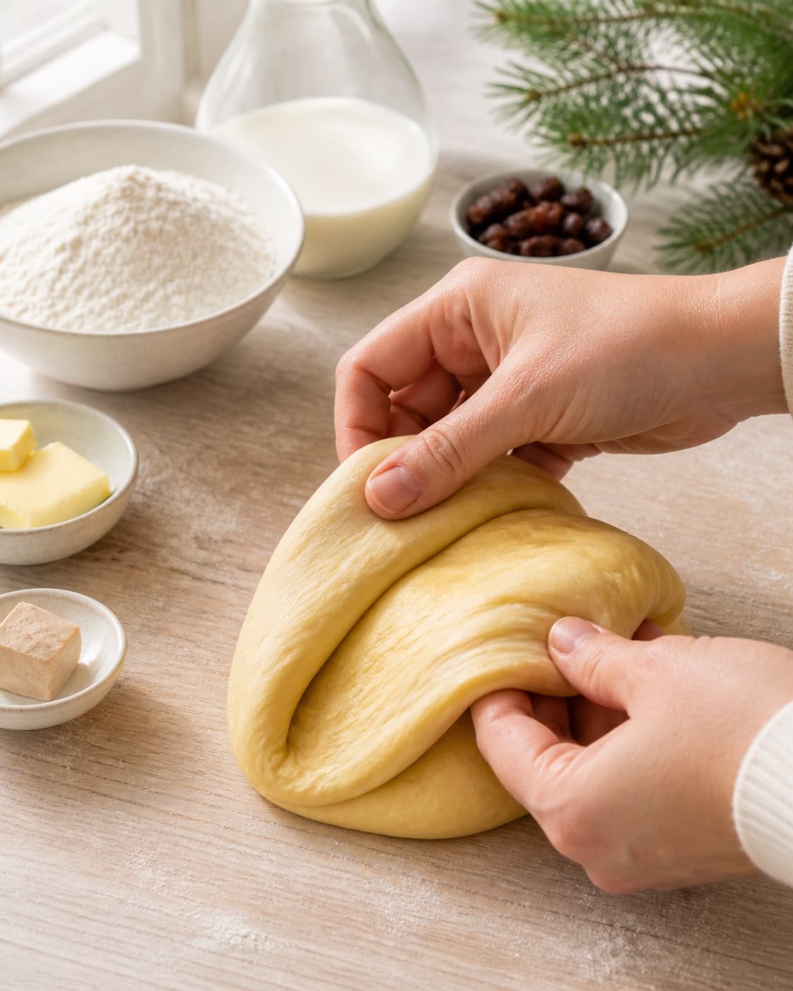 Golden saffron dough kneaded until glossy elastic and able to form a thin window under tilberedningen af luciabrød