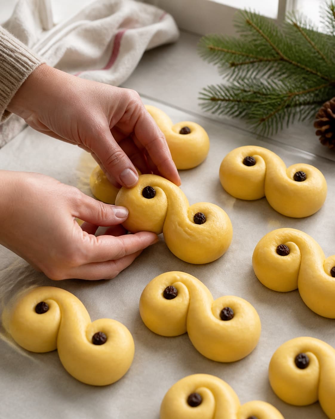 Equal saffron dough ropes shaped into S buns with raisins pressed into both curls under tilberedningen af luciabrød