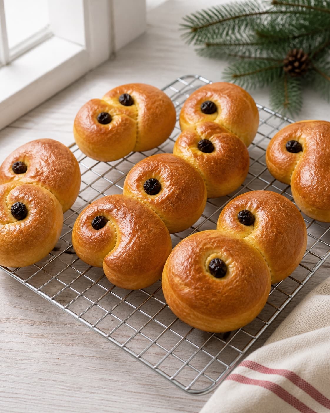 Glossy golden S shaped Lucia buns with raisins baking until soft and done under tilberedningen af luciabrød