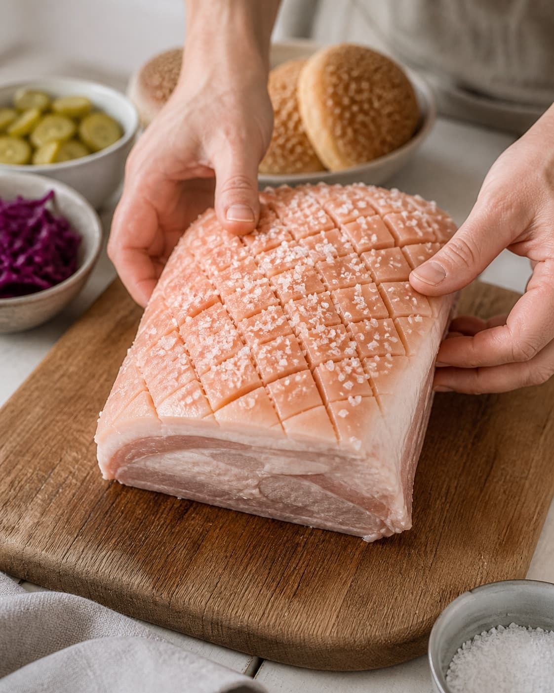 Pork loin skin scored evenly through fat and salted deeply between every ridge under tilberedningen af flæskestegssandwich med rødkål og sennepsmayonnaise