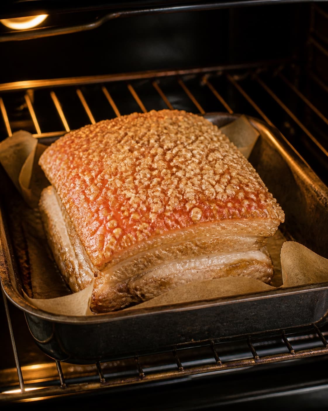 Pork loin roasting level as crackling bubbles crisp and centre temperature reaches 65 degrees under tilberedningen af flæskestegssandwich med rødkål og sennepsmayonnaise