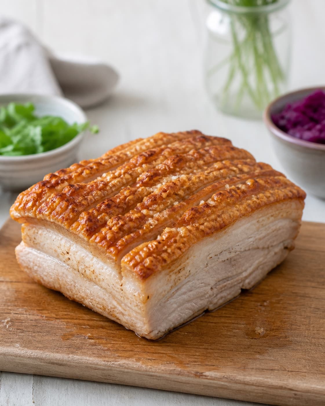 Rested pork loin being sliced between crackling ridges so every slice keeps crisp skin under tilberedningen af flæskestegssandwich med rødkål og sennepsmayonnaise