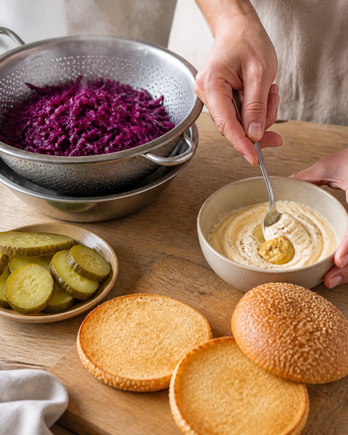 Warm drained red cabbage pickles and Dijon mayonnaise beside toasted burger buns under tilberedningen af flæskestegssandwich med rødkål og sennepsmayonnaise