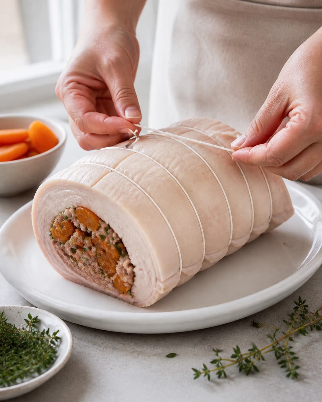 Pork loin filled with apricot thyme apple mixture tied evenly with dry scored salted skin under tilberedningen af flæskesteg med abrikos og timianfyld