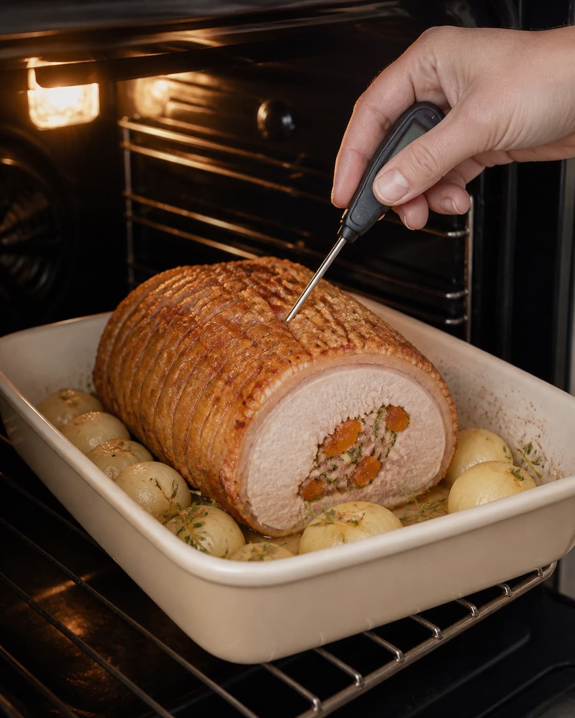 Stuffed pork roast cooking above stock until crisp skinned and 70 degrees at the filling centre under tilberedningen af flæskesteg med abrikos og timianfyld