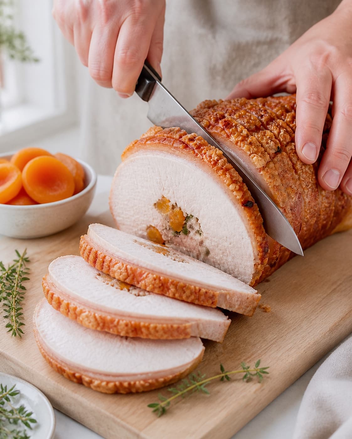 Rested stuffed pork roast sliced cleanly to show apricot apple thyme filling and crisp skin under tilberedningen af flæskesteg med abrikos og timianfyld
