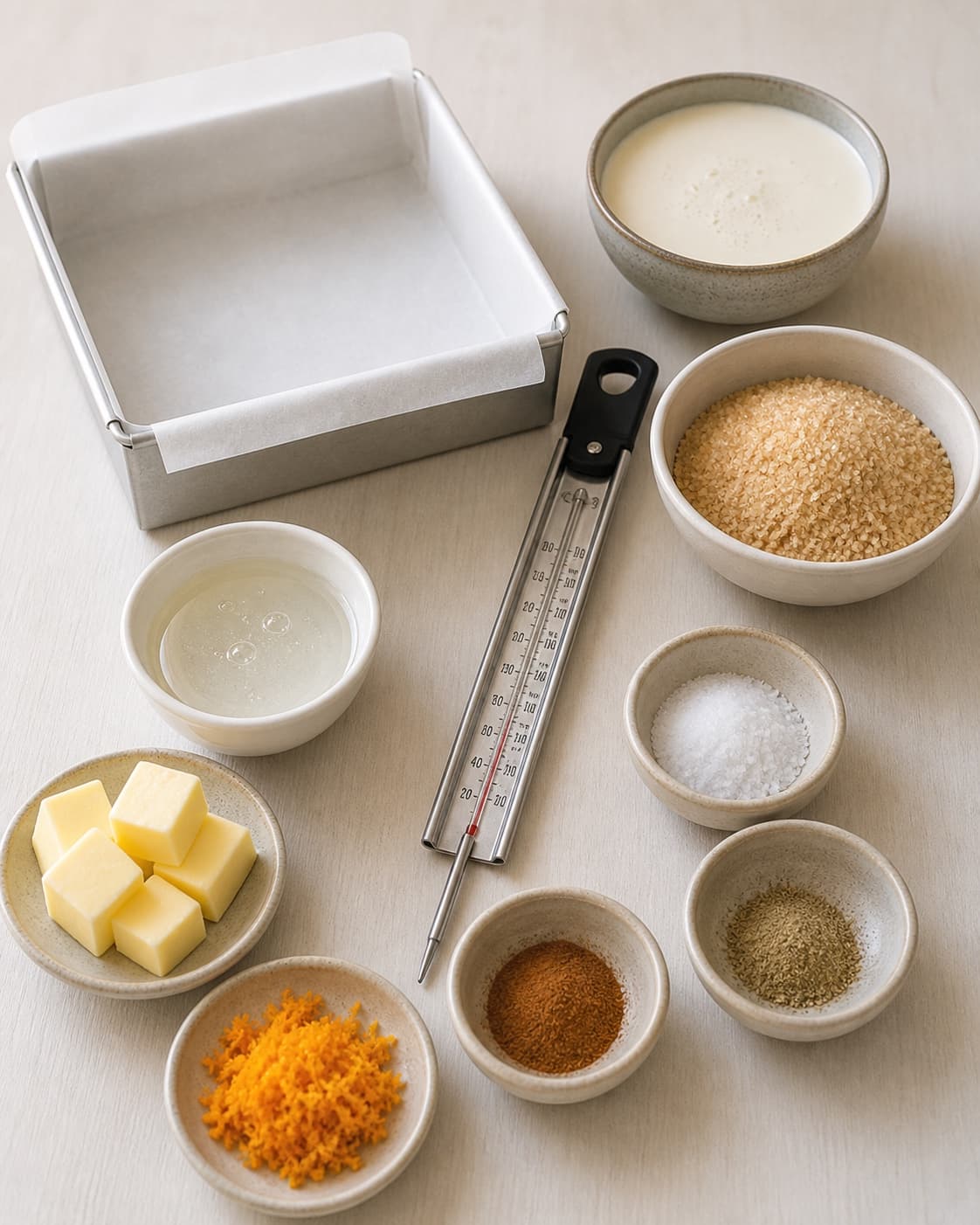 Cream sugar glucose butter cinnamon cardamom orange zest and salt measured beside a lined caramel tin under tilberedningen af julekarameller – flødekarameller med julesmag