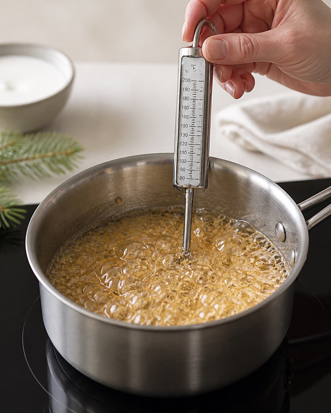 Glossy cream caramel boiling steadily to exactly 118 degrees in a high saucepan under tilberedningen af julekarameller – flødekarameller med julesmag