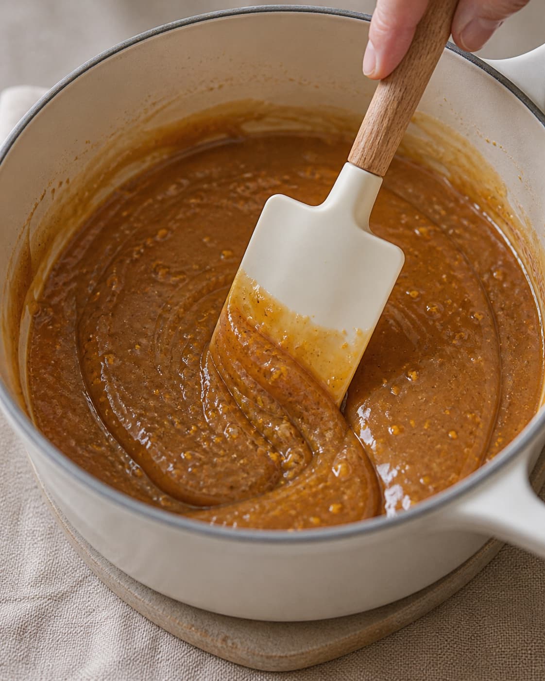 Cinnamon cardamom orange zest and sea salt folded into hot finished cream caramel under tilberedningen af julekarameller – flødekarameller med julesmag