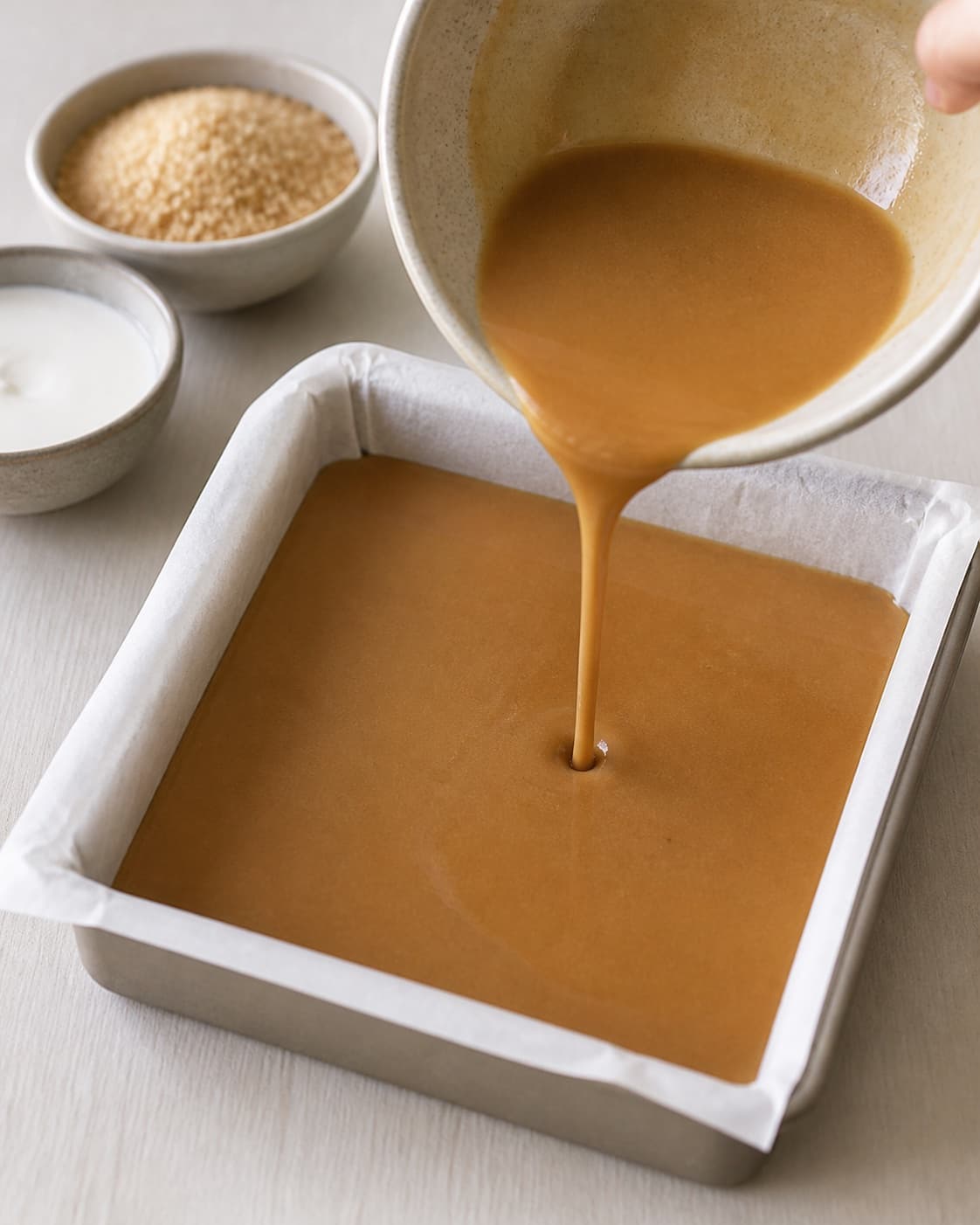 Hot spiced cream caramel poured in one even layer into a lined square tin under tilberedningen af julekarameller – flødekarameller med julesmag