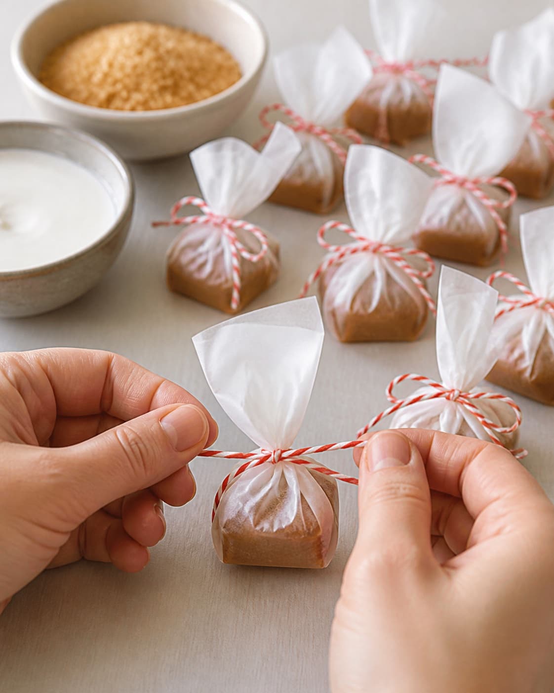 Set spiced cream caramel cut into neat soft squares and wrapped individually under tilberedningen af julekarameller – flødekarameller med julesmag