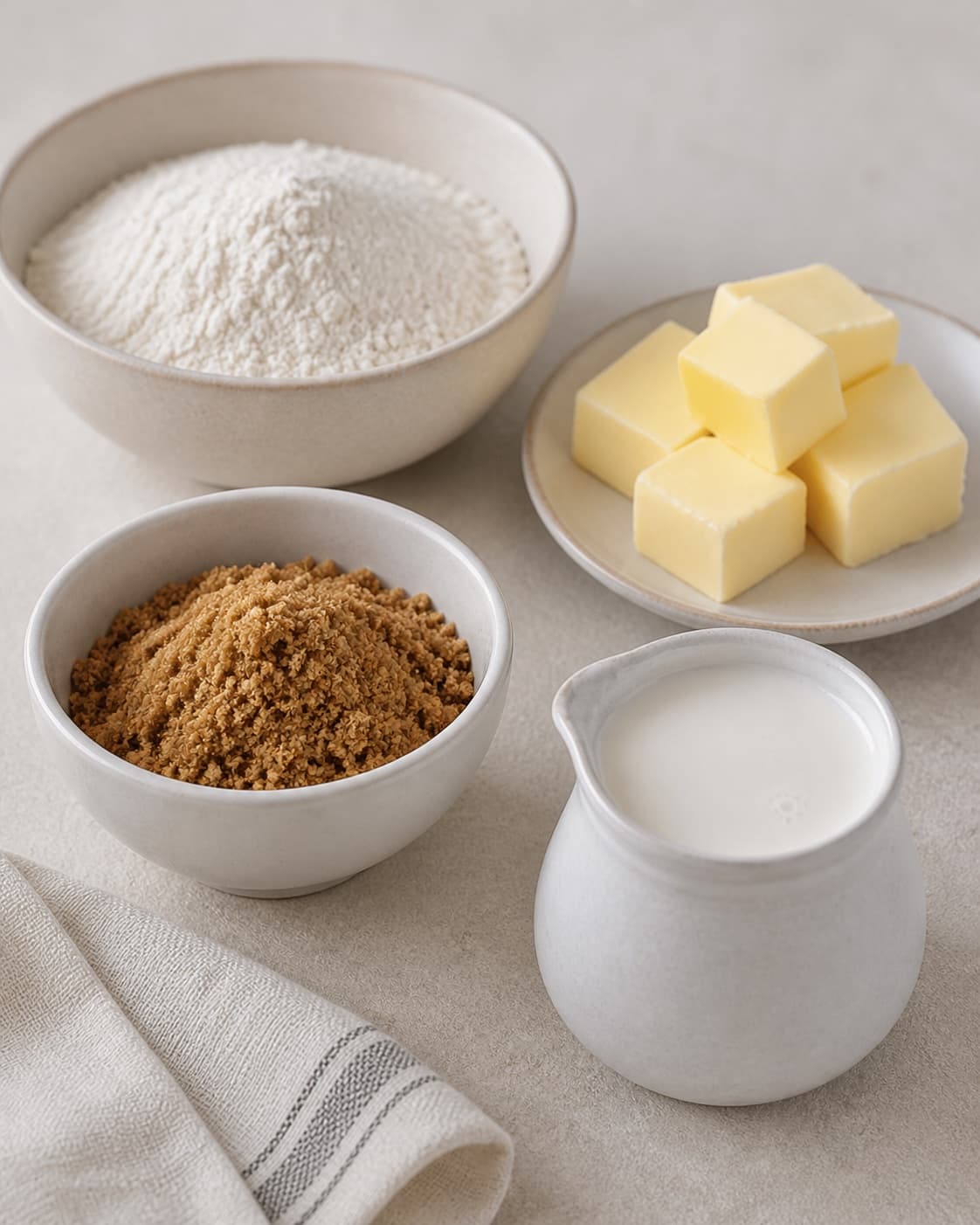 Flour baking soda cinnamon cardamom ginger white pepper and salt mixed evenly beside butter sugar and cream under tilberedningen af pebernødder med brun farin, ingefær og hvid peber