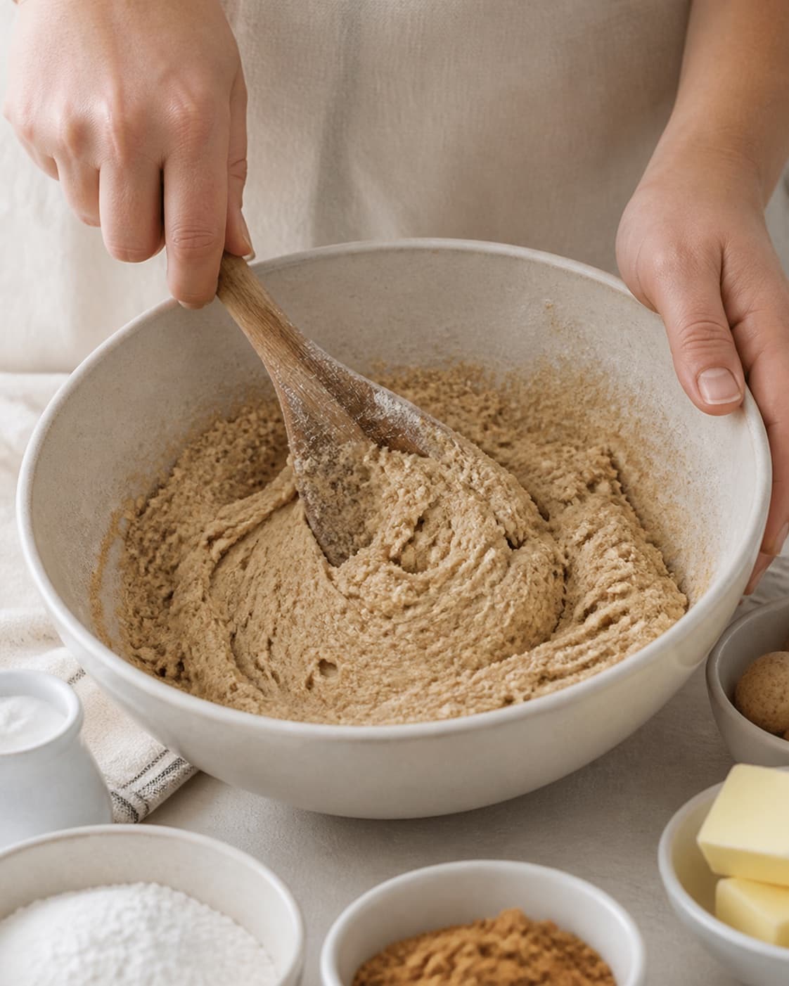 Butter brown sugar and cream being combined with spiced flour into a smooth firm dough under tilberedningen af pebernødder med brun farin, ingefær og hvid peber