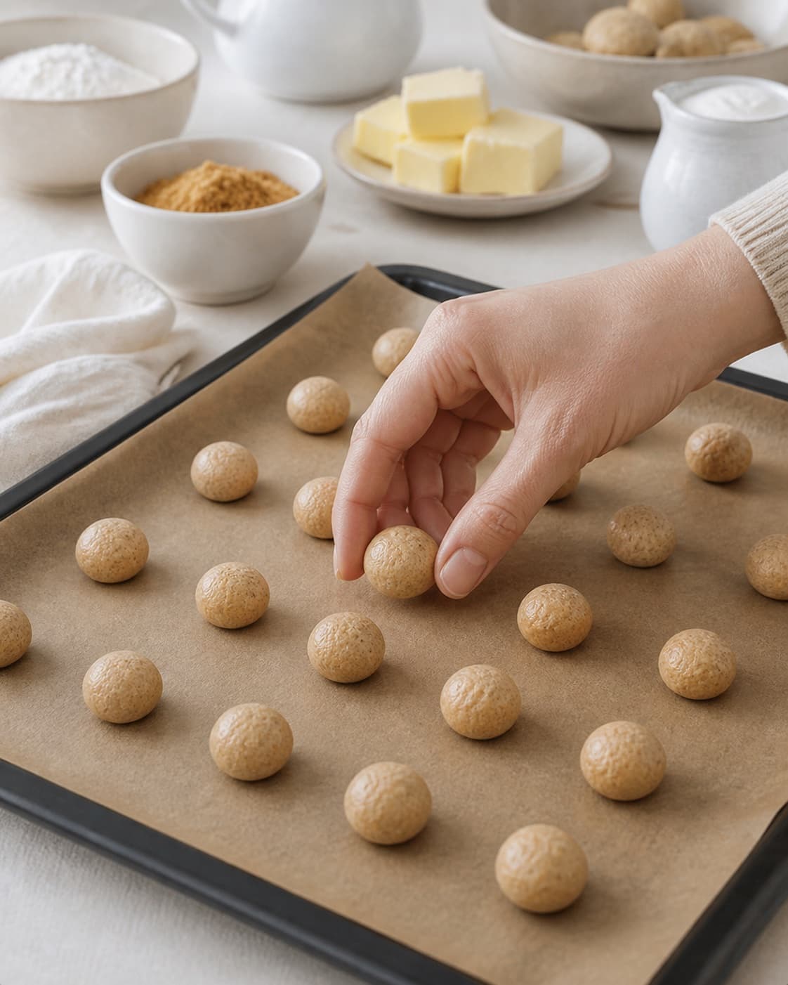 Spiced cookie dough rolled into thin ropes and cut into equal small round peppernuts under tilberedningen af pebernødder med brun farin, ingefær og hvid peber