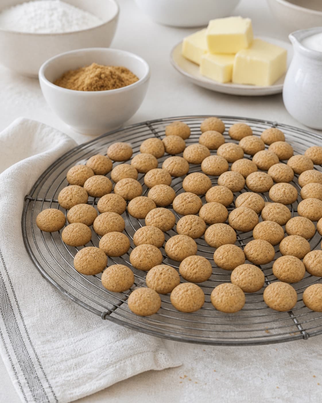 Golden peppernuts cooling completely on a wire rack before airtight storage under tilberedningen af pebernødder med brun farin, ingefær og hvid peber