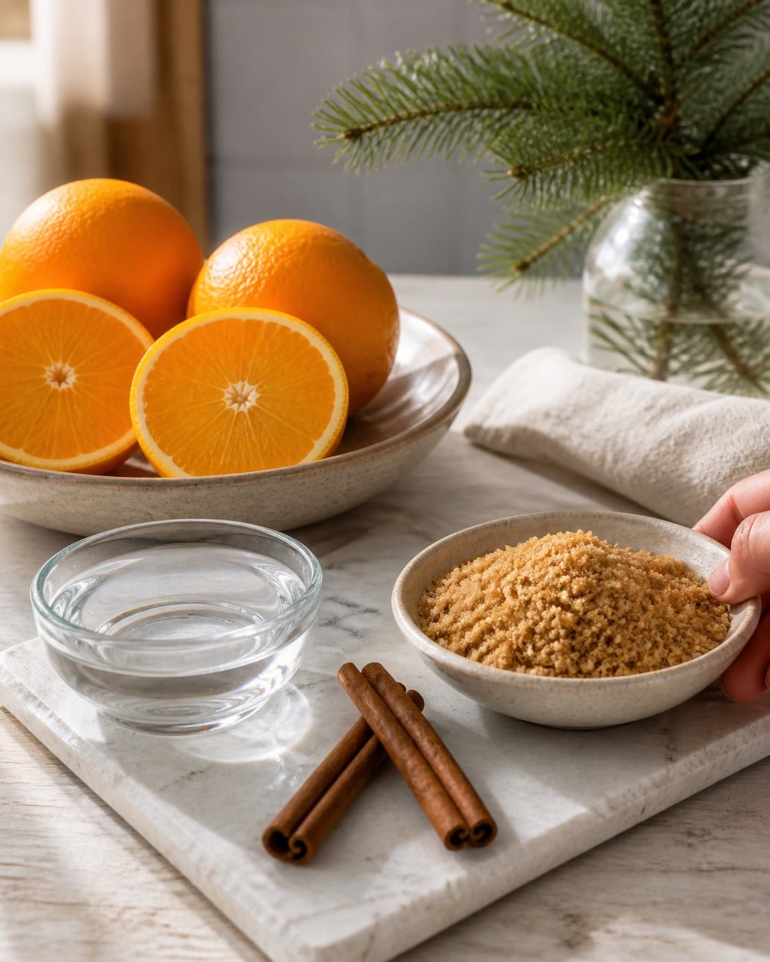 Cracked cinnamon cloves cardamom star anise ginger orange peel brown sugar water salt and a hot bottle prepared under tilberedningen af julesirup