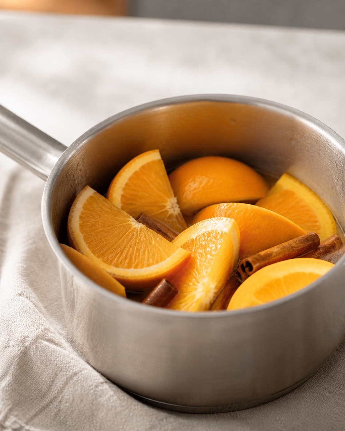 Orange peel cinnamon cloves cardamom star anise and ginger infusing gently in water under tilberedningen af julesirup