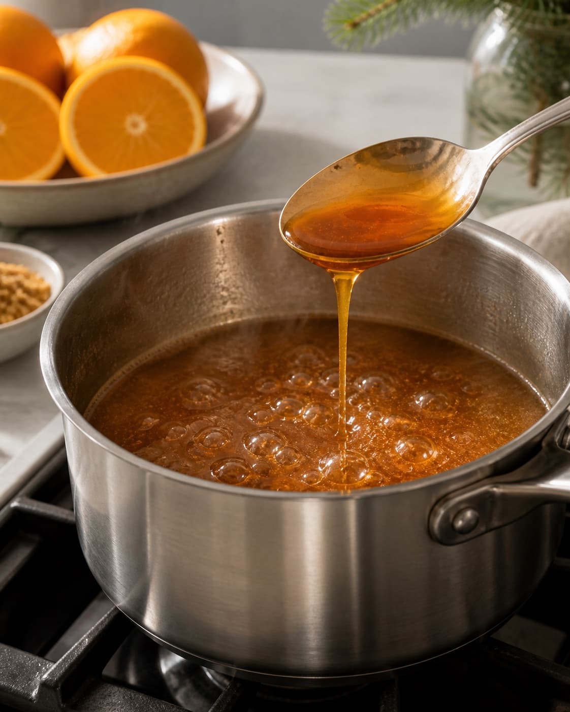 Dark brown sugar Christmas syrup simmering gently with whole spices to a glossy pourable body under tilberedningen af julesirup