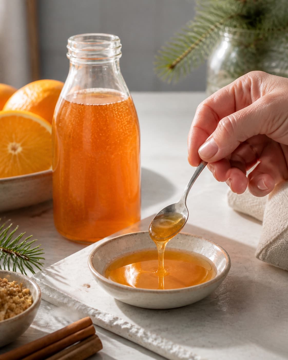 A chilled spoonful of spiced Christmas syrup tested for a slow pourable consistency under tilberedningen af julesirup