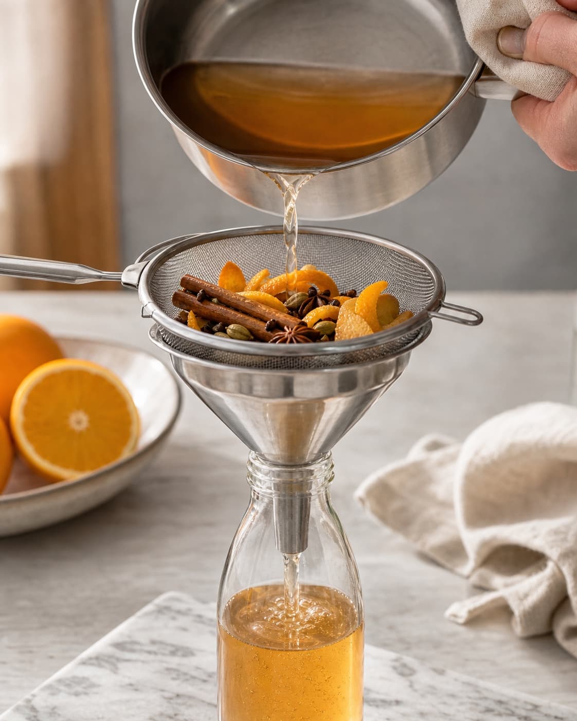 Hot clear spiced Christmas syrup being strained and poured into a clean warm bottle under tilberedningen af julesirup