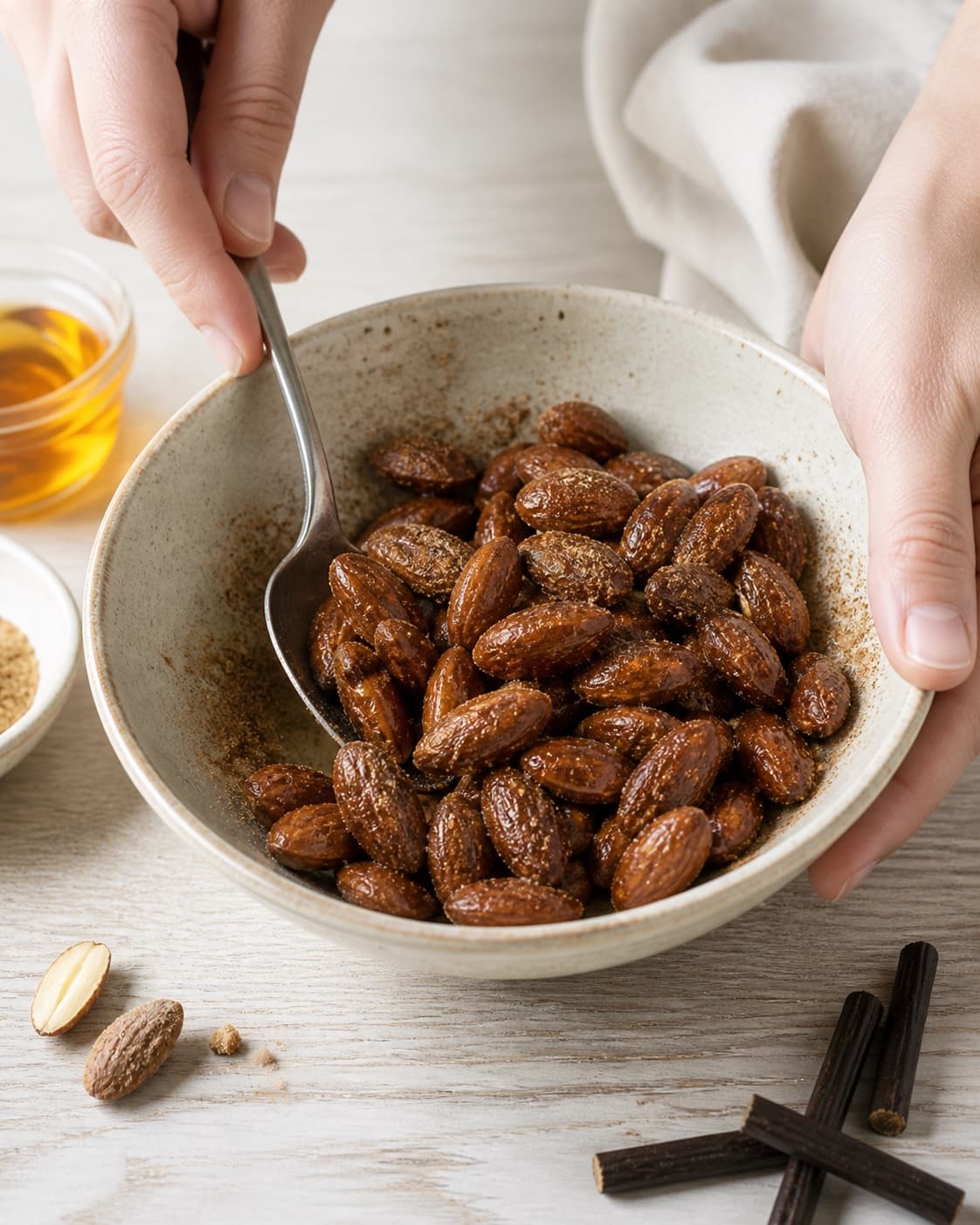 Whole almonds being tossed evenly with dry liquorice powder coconut sugar and sea salt under tilberedningen af lakridsmandler - en nem og sund snack
