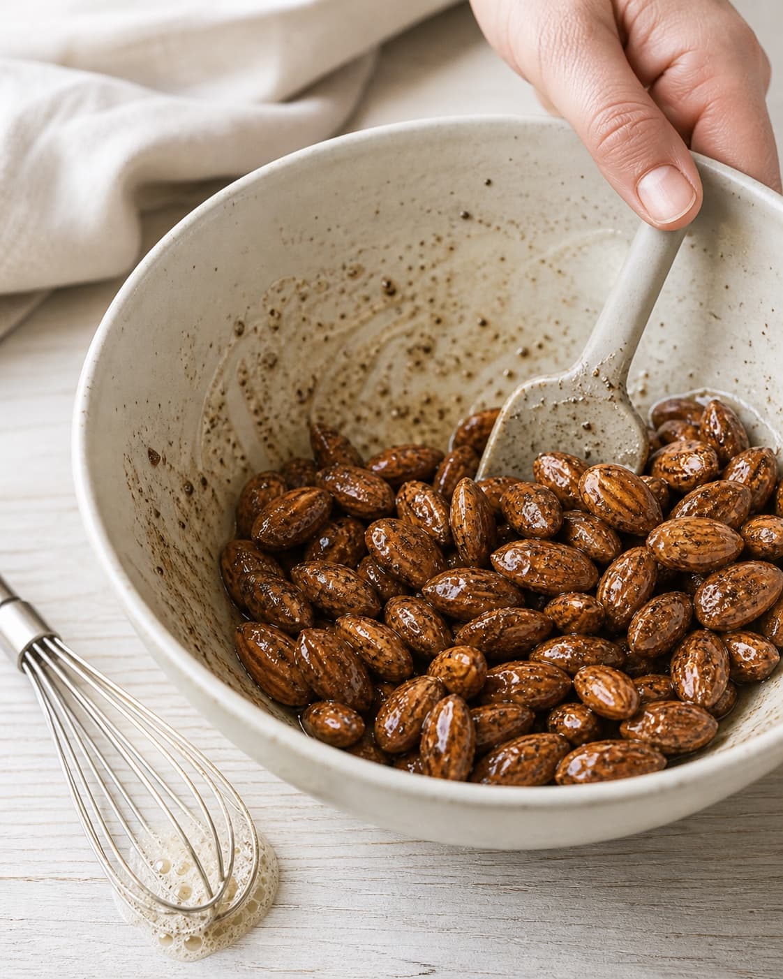 Whole almonds being coated lightly with foamy egg white honey liquorice and coconut sugar under tilberedningen af lakridsmandler - en nem og sund snack