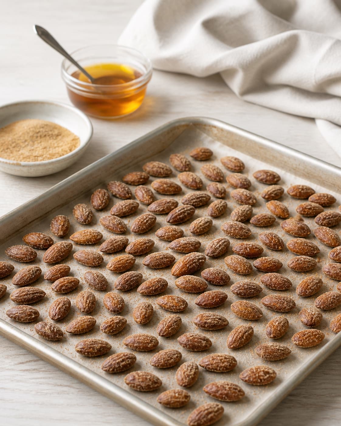 Coated liquorice almonds spaced apart in one layer on a parchment lined baking tray under tilberedningen af lakridsmandler - en nem og sund snack