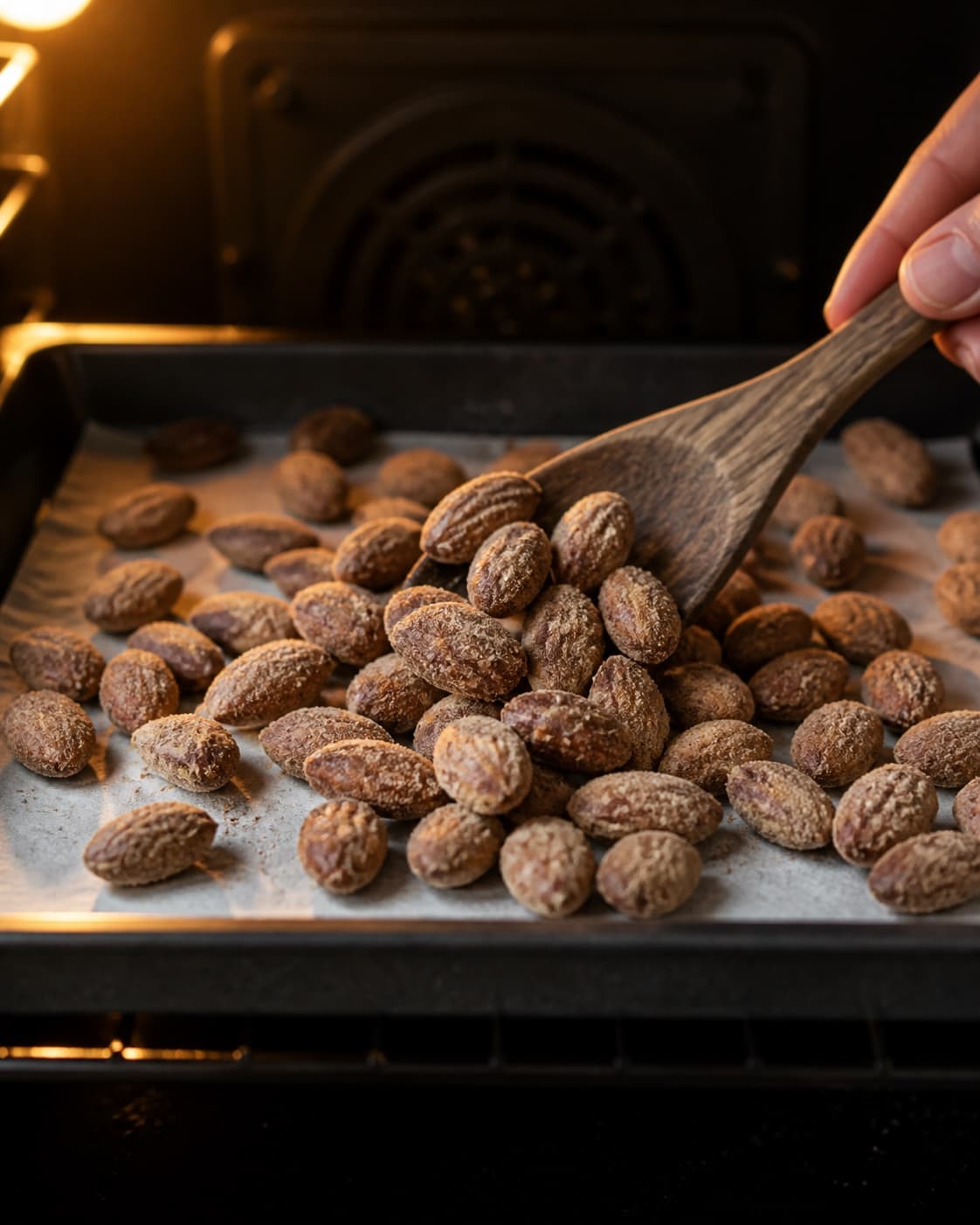 Liquorice coated almonds being turned midway while baking to a dry lightly toasted finish under tilberedningen af lakridsmandler - en nem og sund snack