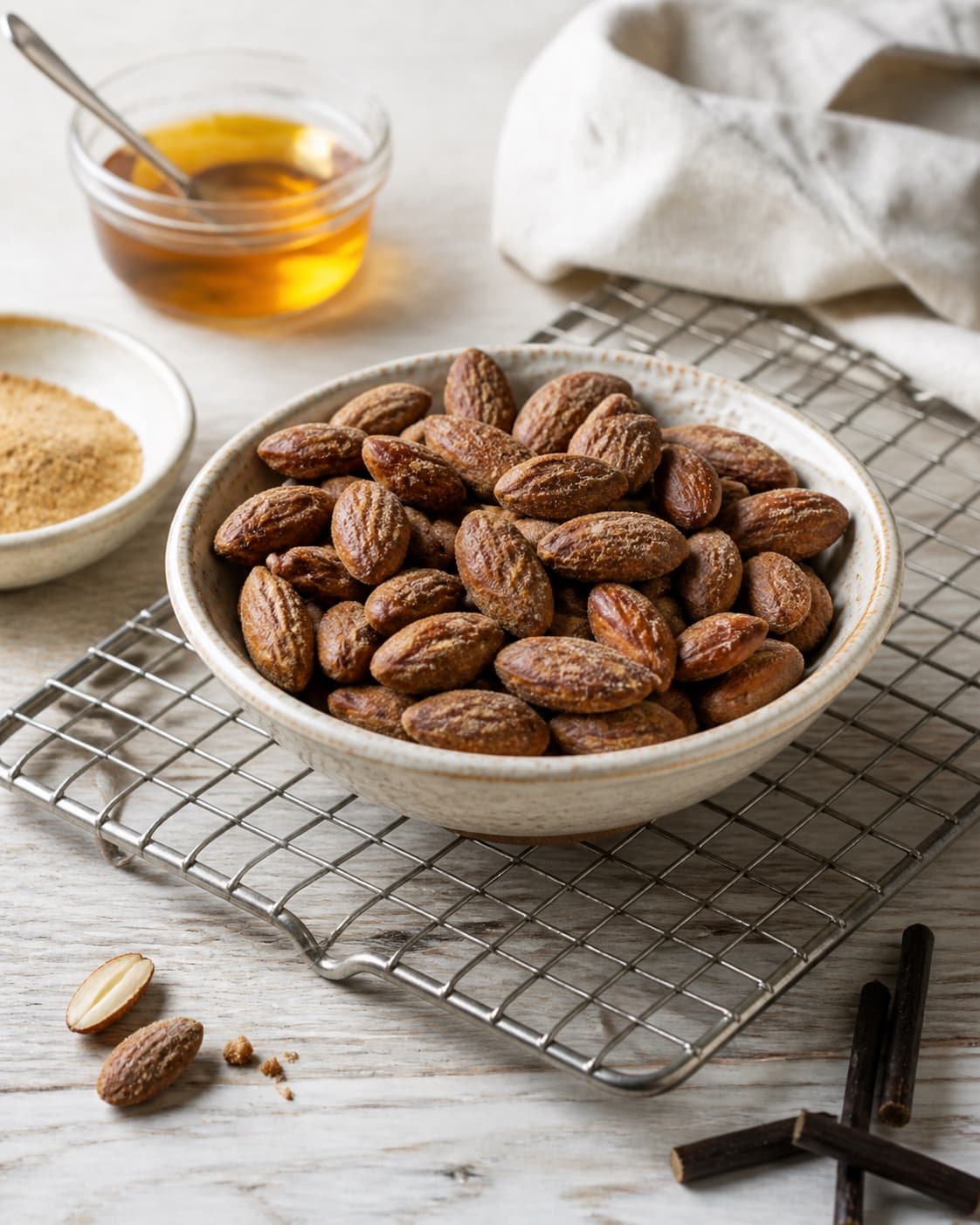 Baked liquorice almonds cooling separately until crisp before being stored in a glass jar under tilberedningen af lakridsmandler - en nem og sund snack