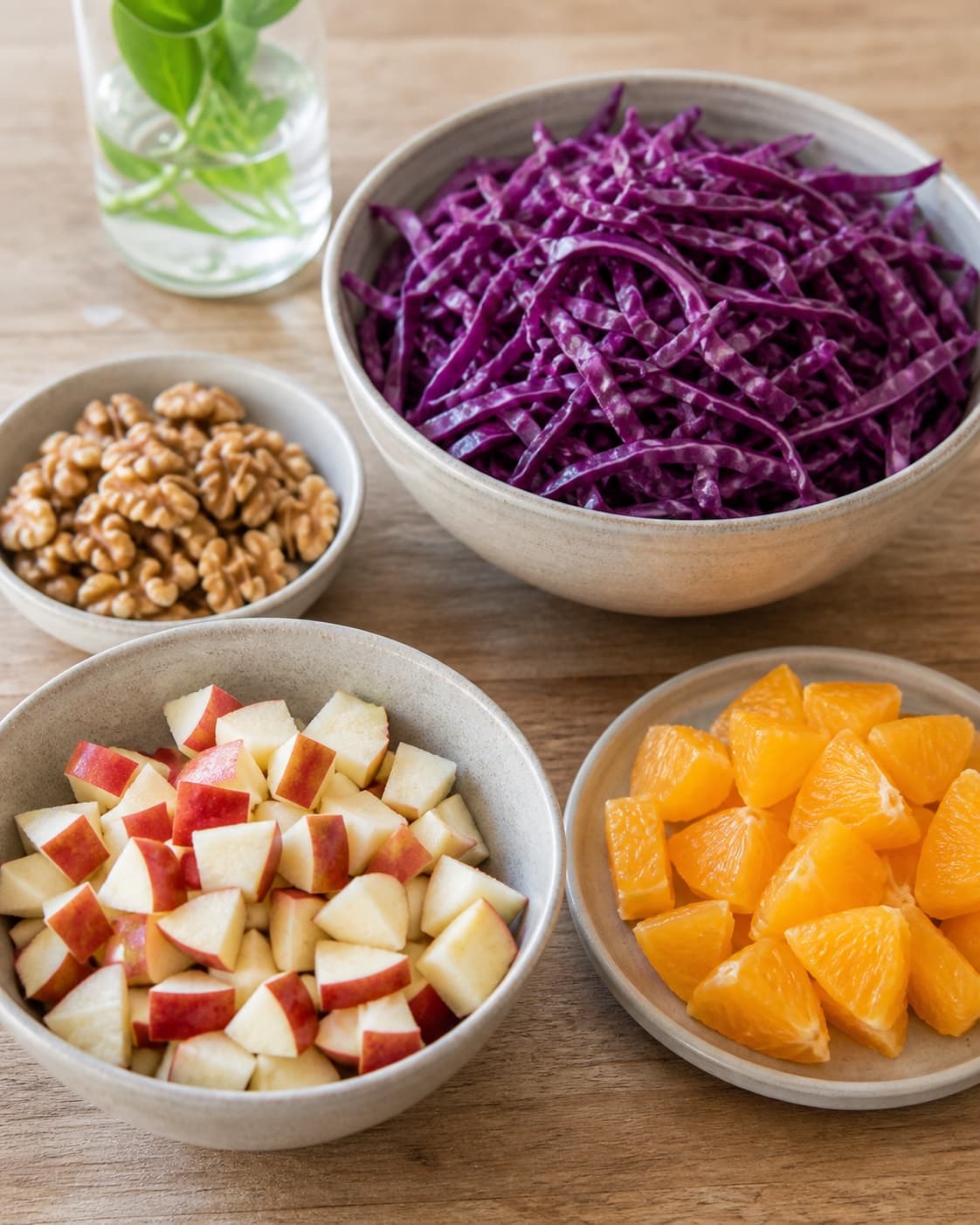 Clean dry red cabbage apples oranges parsley walnuts and cranberries arranged for winter salad under tilberedningen af vintersalat med rødkål og æbler