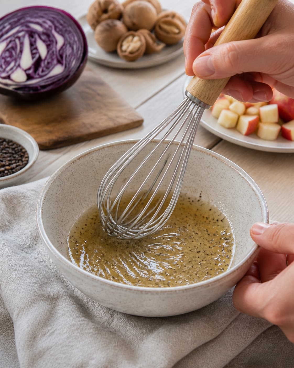 Orange juice cider vinegar honey and olive oil whisked into a glossy winter salad dressing under tilberedningen af vintersalat med rødkål og æbler