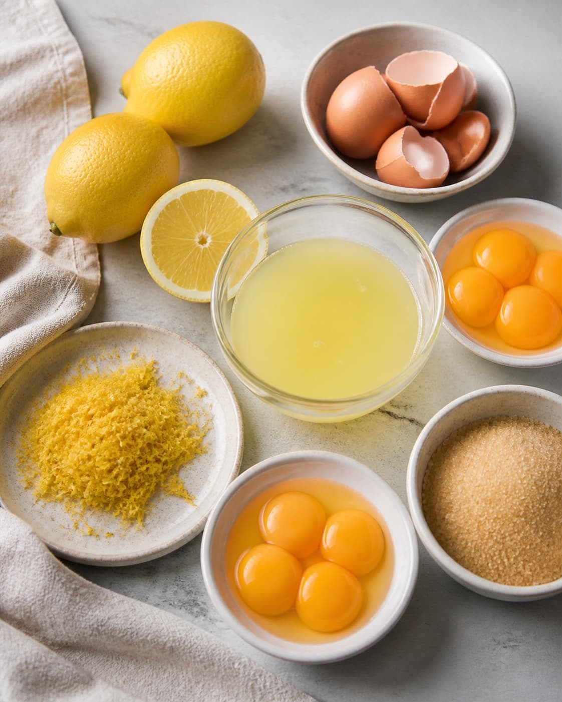 Fine yellow lemon zest and strained juice beside pasteurised eggs sugar cold butter and salt under tilberedningen af silkeblød lemoncurd med citron